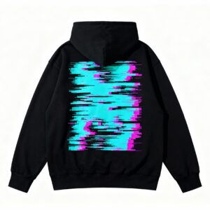 Neon Glitch Back Print on Black Hoodie