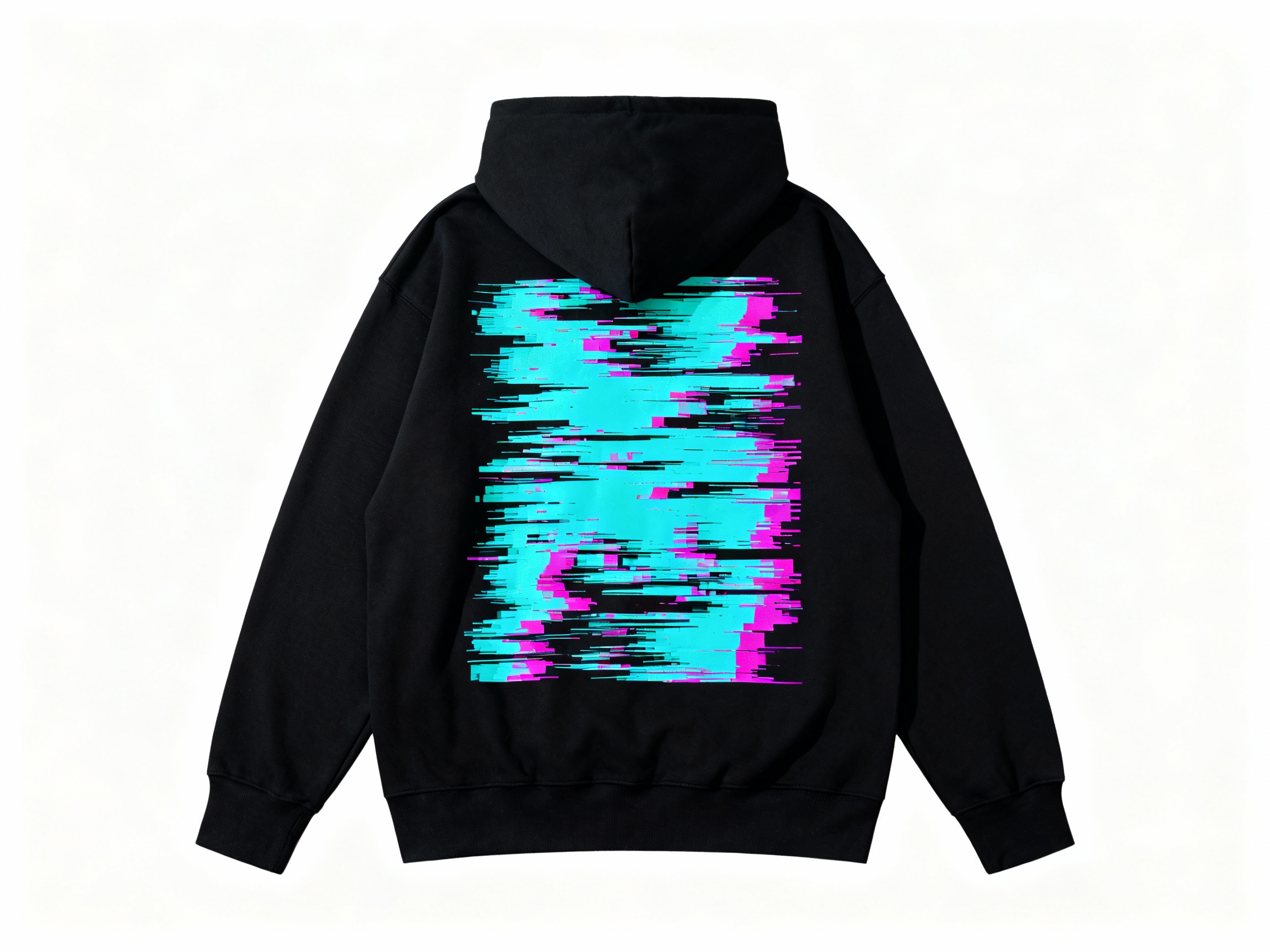 Neon Glitch Back Print on Black Hoodie